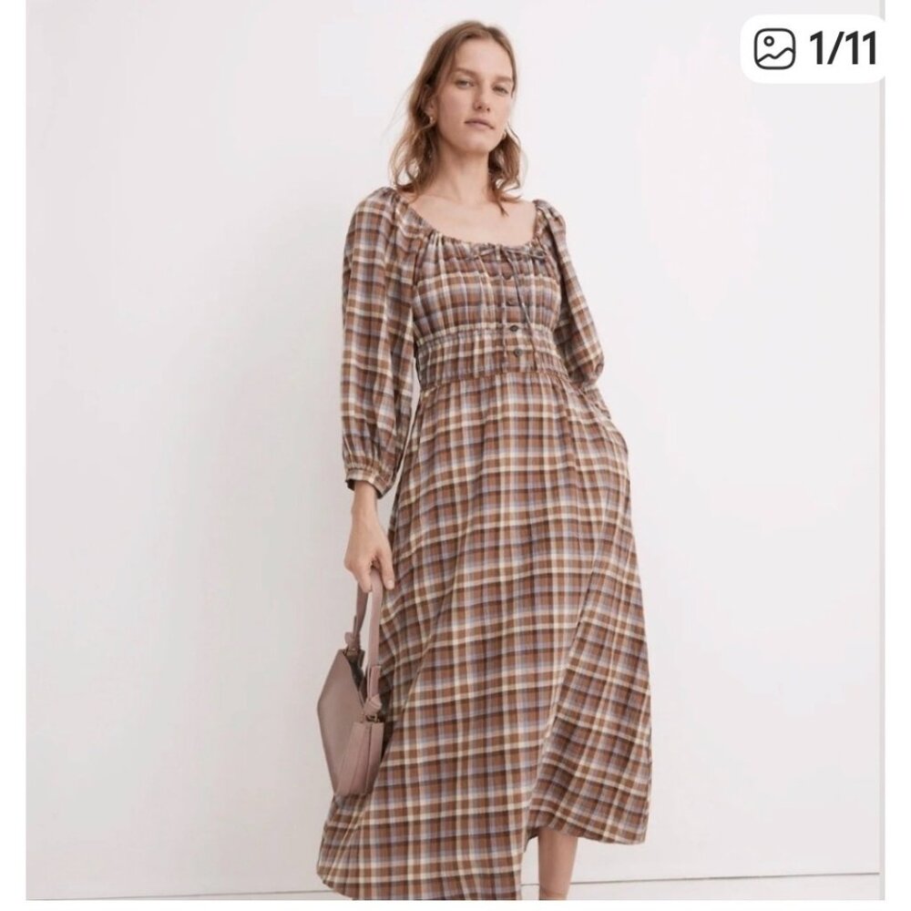 Madewell Plaid Midi Dress‎ With Puff Sleeves Milkmaid Midi
